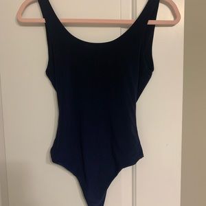 Backless navy thong bodysuit